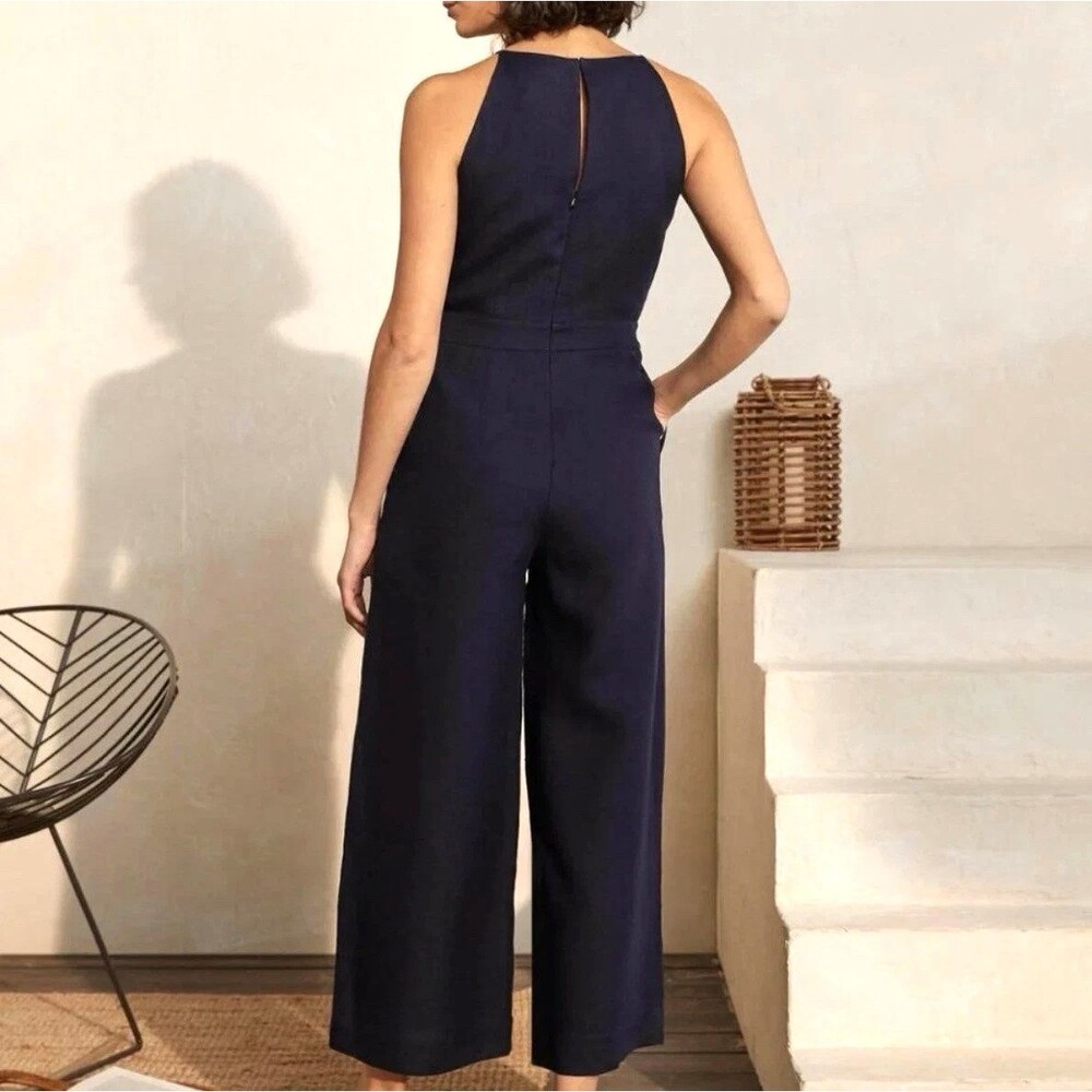 NWT Boden 100% Linen Wide Leg Jumpsuit Women's 2R Halter Neck Navy Blue Resort - Picture 2 of 13